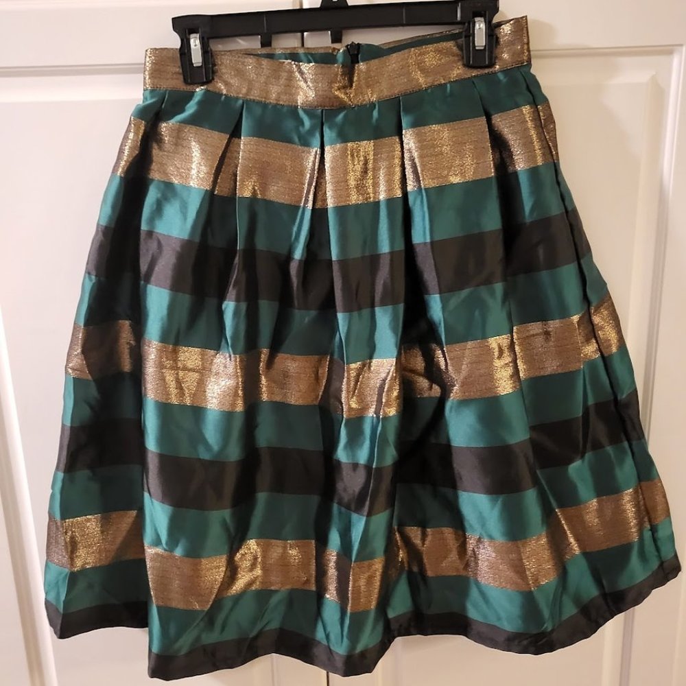Chicwish Green, Gold, and Black Striped A Line Skirt Size Medium